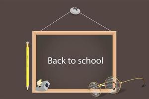 Back to school. Vector 3d realistic wooden chalkboard, wooden frame with pencil and glasses. Chalkboard design template, banner. Class board, front view