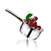 Vector realistic mock up of steel pan with handle and reflection. A saucepan filled with cherries. Design for restaurant, culinary, menu, advertising, poster.