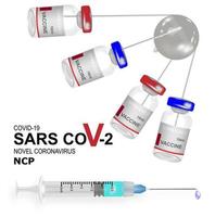 Bottle and syringe in 3d for poster and banners with satellite silhouette and colorful bottles. A vaccine against the coronavirus COVID-19. Close-up isolated on a white background.