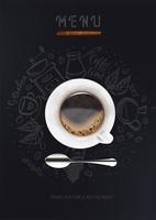 Menu. A white coffee cup with a spoon on a black background with coffee silhouettes. A fashionable modern poster for a restaurant. Vector illustration of the top view.