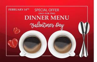 Valentine's Day menu design with two cups of coffee and hearts on a red background. Romance, February 14, Dinner, Food concept. Vector illustration for banner, poster, menu, leaflet, advertisement.