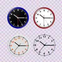 Vector 3d realistic simple white, black, dial round wall office clocks set. White and black, red dial. Close-up isolated on a white background. Design template, layout for branding, advertising