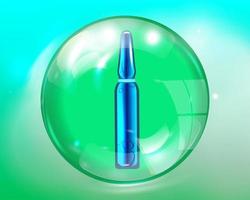 A blue ampoule in a green glass ball. Design template of perfumes, eco-oils, medicines. vector