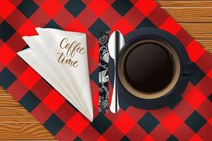 Realistic vector coffee cup and saucer top view isolated on wooden background with checkered tablecloth. Coffee time concept