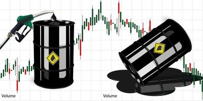 Vector illustration of a barrel of ferrous oil with a financial chart showing an increase or decrease in gasoline consumption or the cost of oil