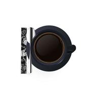 Vector 3d realistic black porcelain ceramic mug, sugar package, coffee with milk, steel silver spoon and saucer isolated. Cappuccino, latte foam. Design template for layout. View from above