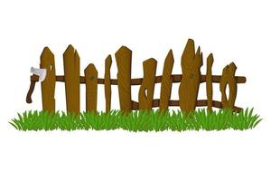 Green grass and old brown fence on a white background. vector