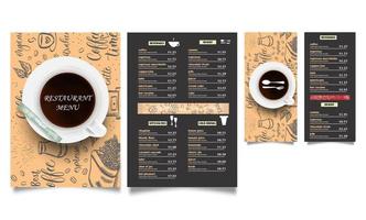 folleto de restaurante vectorial, diseño de menú de cuatro folletos. plantilla de café vectorial con gráficos dibujados a mano. volante de comida con tarjeta de la suerte. vector