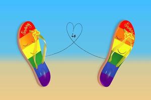 Gay love is love. Vector illustration of non-traditional relationships, LGBT. Flip-flops and a heart on the background of the beach.