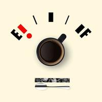 descanso. taza negra vectorial 3d realista con café negro e indicador de nivel de combustible en un fondo blanco. banner conceptual con una taza de café. plantilla de diseño vista desde arriba vector