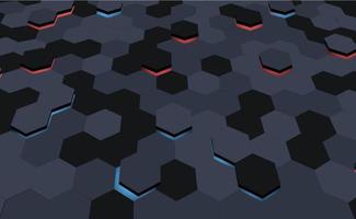 Dark hexagonal vector background. Gray mesh, honeycomb texture. Decoration in dark colors with highlighting of some honeycombs in red, blue. Futuristic look.