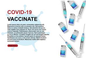 Vector background of coronavirus vaccine on white background. Vaccination with vaccine vial and syringe injection tool for covid19 immunization treatment. Vector illustration.