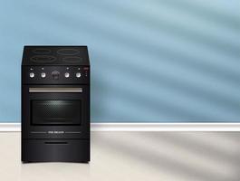 Vector 3D kitchen stove on the tile. Illustration of kitchen appliances background.