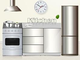 Kitchen interior. Household kitchen appliances cabinets, shelves, gas stove, extractor hood, refrigerator, clock, plate with fork, metal kitchen utensils vector