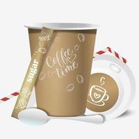 Brown paper coffee cup with lid, spoon, straw and sugar bag, with coffee design elements on a white background in vintage style. Collection of 3d mock up coffee cup. vector