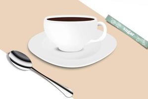 A cup and saucer served with a spoon, sugar on a beige linen with a shadow. 3D vector illustration of the design of the restaurant, cafe.