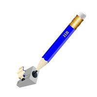 Pencil sharpener with shavings. Vector illustration of sharpening a blue pencil. Design of a school poster, signboard, booklet, notebook