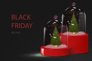 Black Friday with a Christmas crystal dome with a sequined Christmas tree. Festive New Year realistic 3D design. Black-red background. Vector illustration