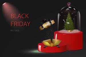 Black Friday with a gift box and a Christmas crystal dome with a sequined Christmas tree. Festive New Year realistic 3D design. Black-red background. Vector illustration