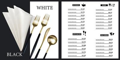 plantilla de menú vectorial para restaurantes y cafeterías. diseño de portada de menú en blanco y negro con un fondo de cucharas, cuchillos y tenedores dorados. diseño del folleto de un restaurante moderno vector