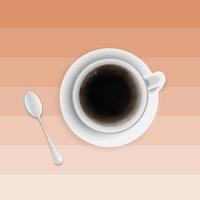 White realistic coffee cup with bubbles and smoke isolated on striped orange background. vector