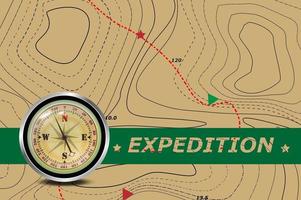 Travel. Expedition and azimuth compass and map. The background of the route on the contour map. Tourism and travel symbol. vector