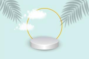 White pedestal 3d background with golden ring frame with clouds and palm branch. Fashionable empty podium for presentation of cosmetic products, fashion magazine. vector illustration