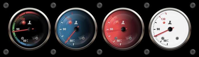 Car engine temperature gauge. A set of temperature sensors in black, white, red, blue. Vector 3d illustration isolated on black background