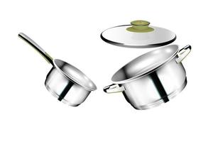 Realistic chrome dishes. Steel cooking pots with cape, metal saucepan and skillet, isolated cookware. Vector image 3D chrome frying pan and kitchen utensil