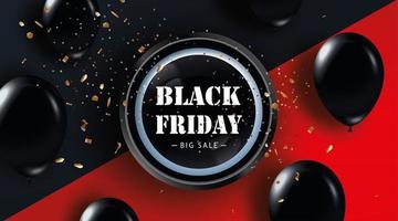 Black Friday sale poster with realistic balloons and confetti on black background. Black Friday vector sale label. Design element for banners, flyers, cards