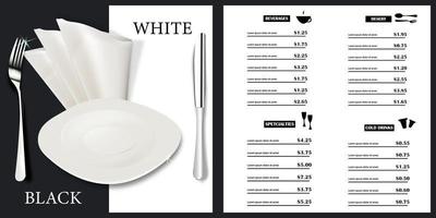 Vector menu template for restaurants and cafes. Menu cover design in black and white on the background of plates, forks and spoons. Design of the brochure of a modern restaurant