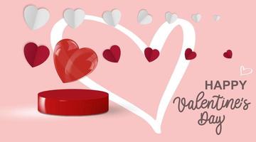 A festive banner for Valentine's Day. Paper hearts above a pedestal with a calligraphic inscription on a pink background for greeting cards, headlines and a website, vector design.