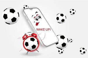 maqueta de teléfono inteligente vector realista blanco. teléfono móvil 3d con pantalla blanca en blanco. maqueta moderna de plantilla de teléfono móvil en escena abstracta con balones de fútbol y despertador.