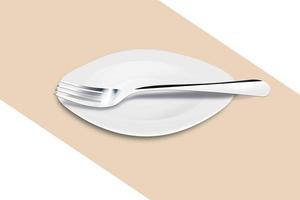 Served plate with a fork on a beige canvas with a shadow. 3D vector illustration of the design of the restaurant, cafe.