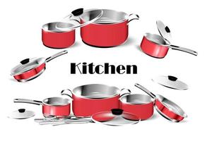 Realistic red dishes. Steel cooking pots with cape, metal saucepan and skillet, isolated cookware. Vector image 3D chrome frying pan and kitchen utensil