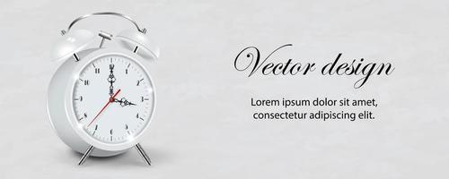 Vector 3d realistic white alarm clock. Design template, banner with alarm clock with black dial. Mockup for branding