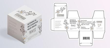 Design of the cosmetic packaging template. Cut. Cosmetic cream mask with herbs in a closed box. Realistic 3D model. vector