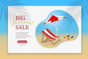 Summer sale banner with beach accessories. Exotic background for banner, poster, flyer, postcard, greeting card and web. Design in blue and pink vector