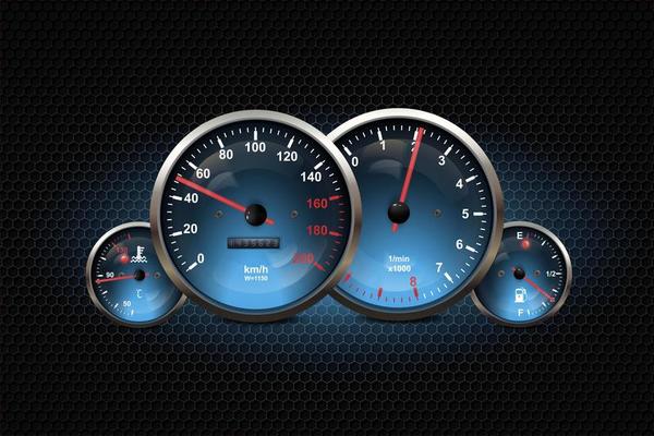 Speed movement vector abstract technological background with racing speedometer. Fast car race, sport drive illustration, car dashboard.