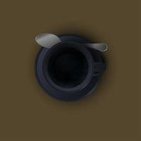 Black realistic coffee cup with smoke isolated on brown background. vector