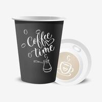 paper coffee cup with lid black with coffee design elements on white background in vintage style. Collection of 3d mock up coffee cup. vector