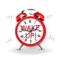 Ringing red alarm clock with wake up inscription. vector