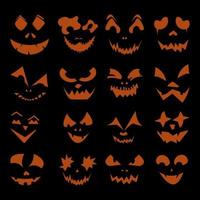 conjunto de caras de calabazas de halloween de vector. jack-o-lantern con diferentes expresiones faciales. caras de fantasmas de halloween en naranja sobre fondo negro vector