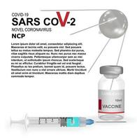 Botella y jeringa 3d realistas para afiches y pancartas con silueta satelital. una vacuna contra el coronavirus covid-19. primer plano aislado en un fondo blanco. vector