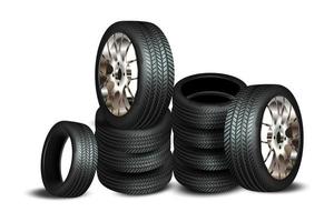 Complete set of car wheels with alloy rims and new tires realistic composition vector illustration