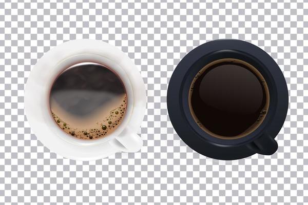 A set of white and black cups with saucer and coffee on a transparent background