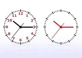 Vector classic simple wall clock isolated on white with shadow and reflection. Design template. In red and black tone. Foreground