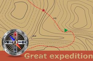 viaje. Gran expedición y brújula de acimut y mapa. el fondo de la ruta en el mapa de contorno. símbolo de turismo y viajes. vector