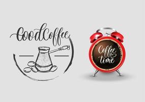 A cup of coffee in the form of an alarm clock with a typography quote, a phrase about coffee. Stock illustration. Design template. View from above. vector