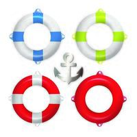 Set of isolated lifebuoy or swimming ring with anchor. 3d colorful stripped flat icon or logo template isolated on background. Isometric vector illustration.